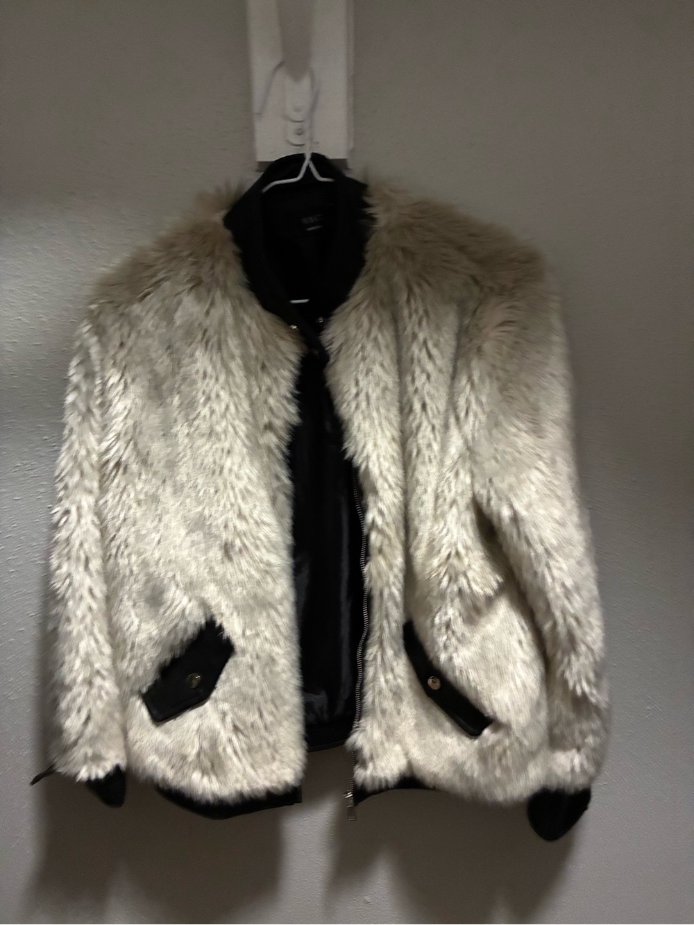 Vici Cream Faux Fur Jacket with Black Trim